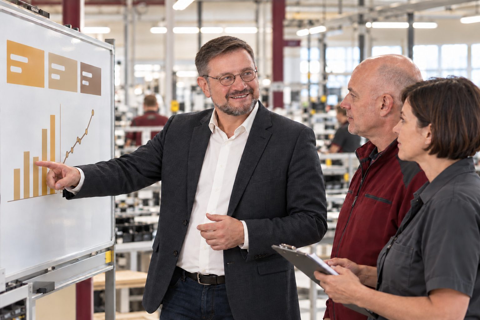 Interim Manager erläutert Mitarbeitenden Kennzahlen an einer Tafel