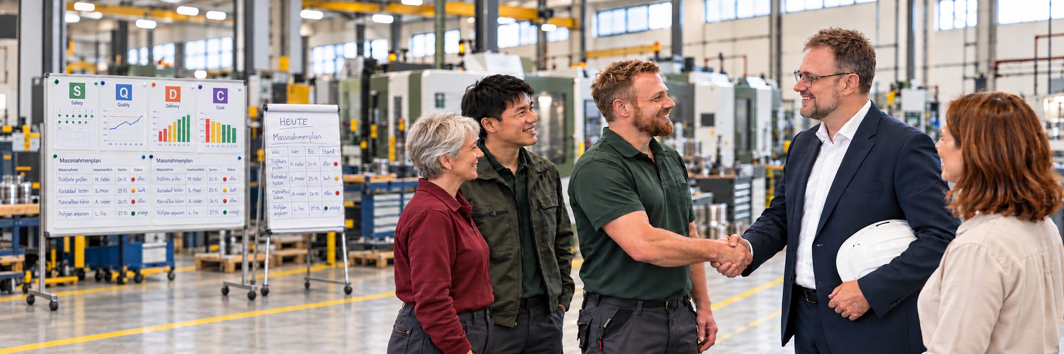 Interim Manager begrüsst Mitarbeitende vor einer SQDC-Tafel in einer Produktionshalle